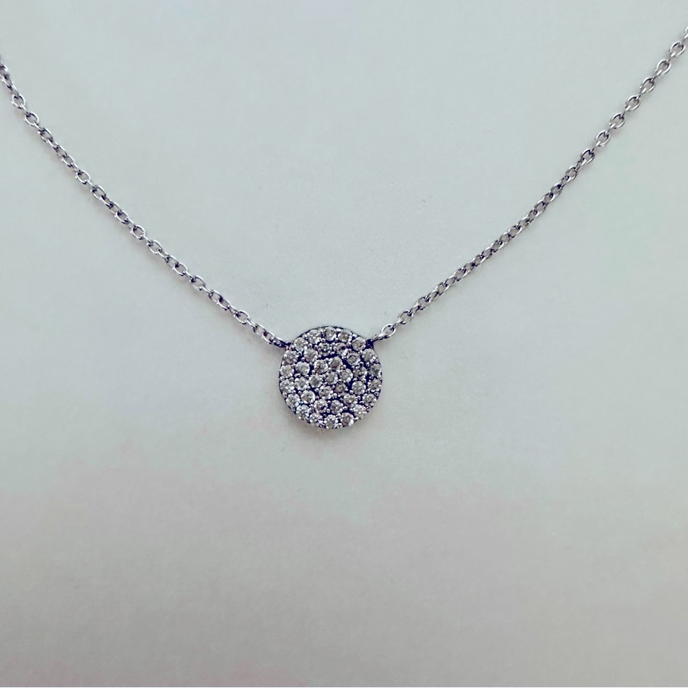 Dainty Sterling & Crystal Pave Coin Circle Pendant 18” Chain Necklace